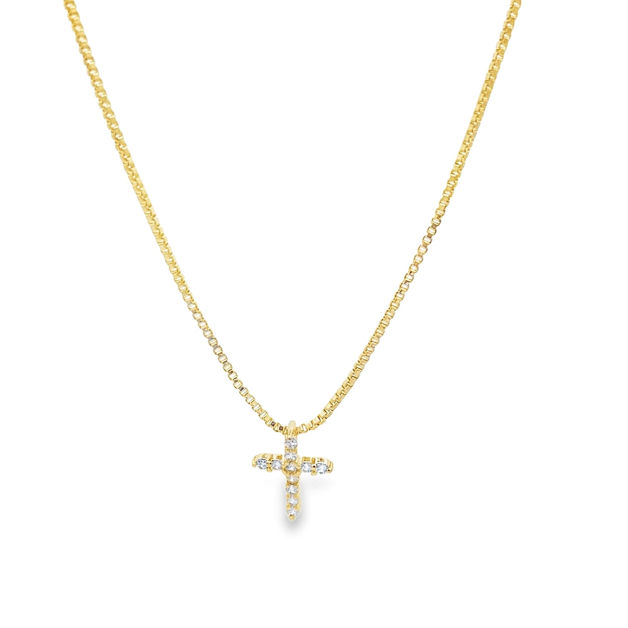 Dainty CZ Pave Cross Pendant Box Chain Necklace (F238A)-0