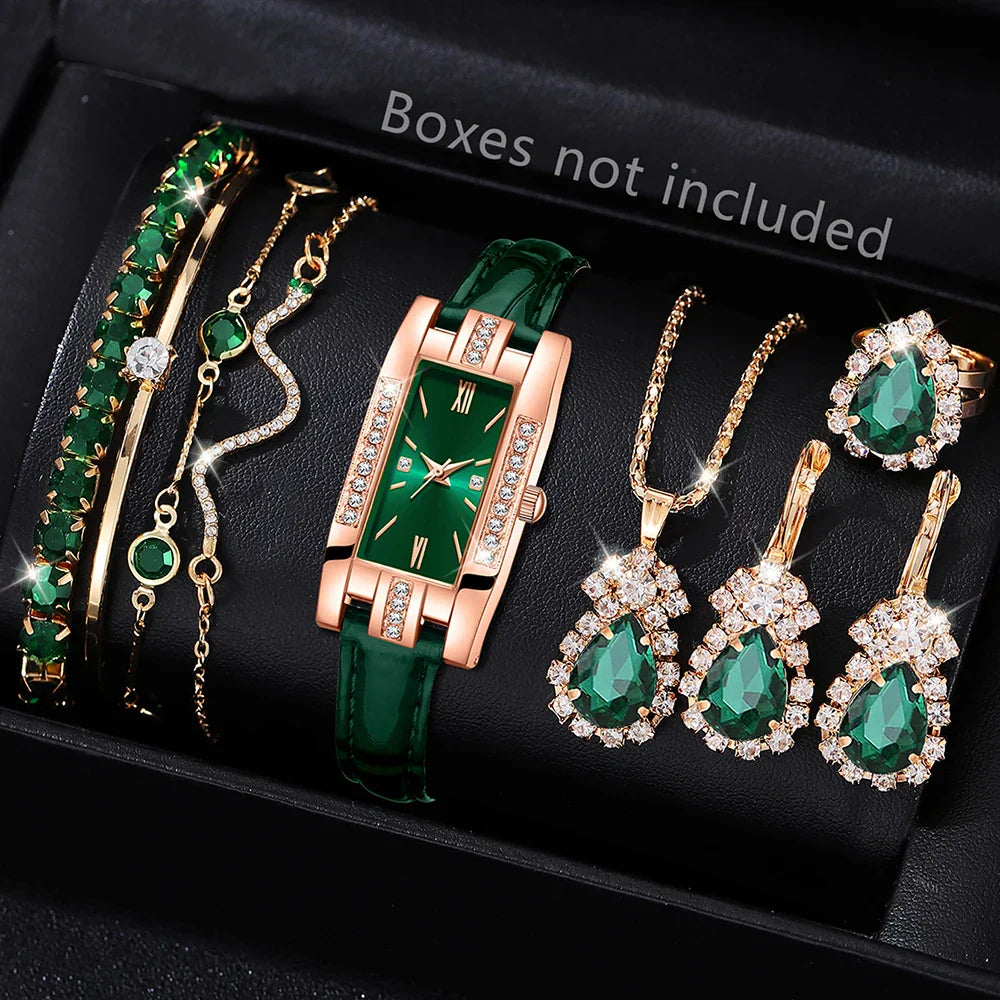 Green Women’s Quartz Watch Jewelry Gift Set-1