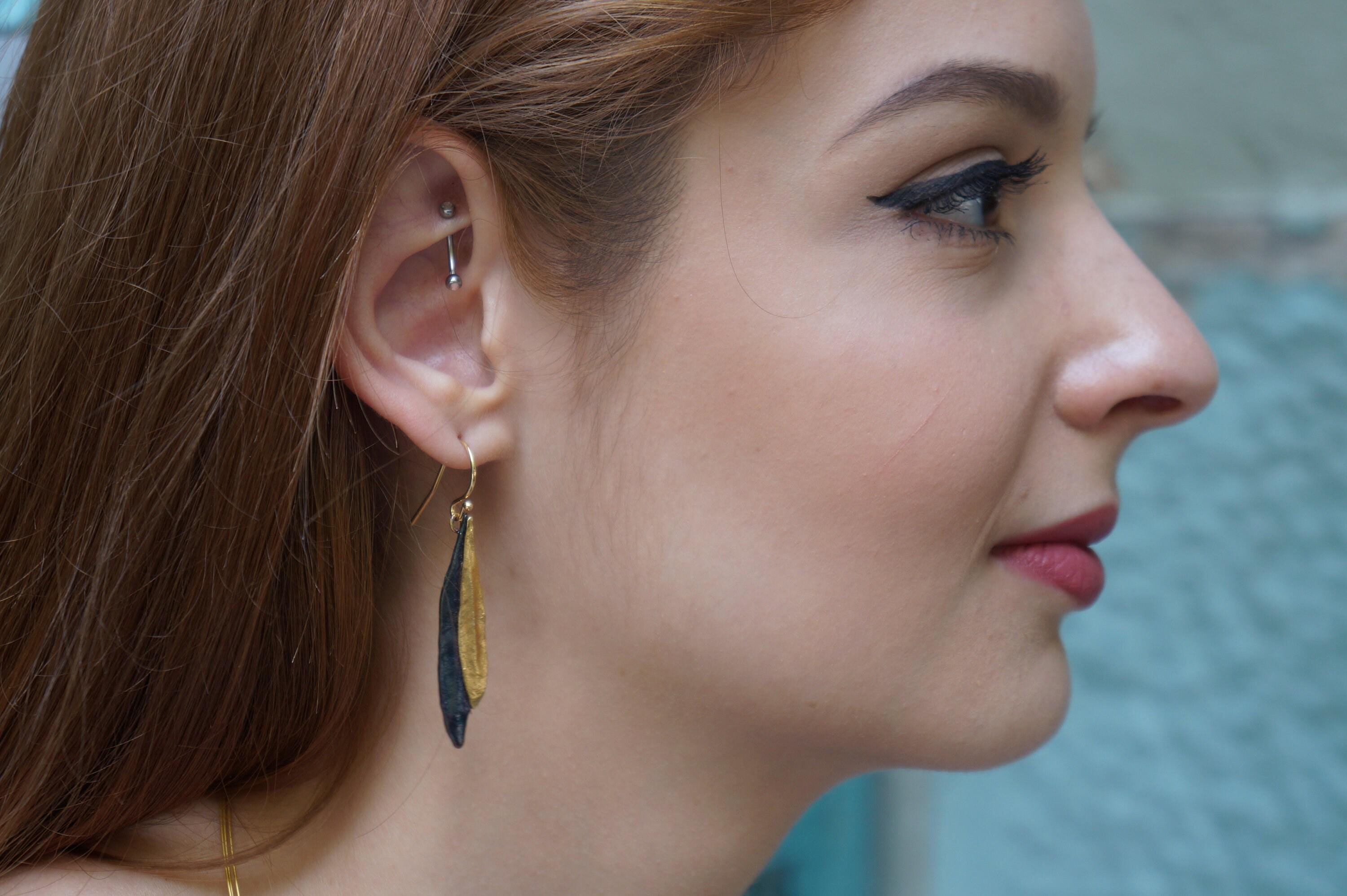 Olive Leaf Gold & Black Rhodium Dangle Earrings