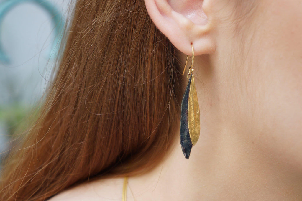 Olive Leaf Gold & Black Rhodium Dangle Earrings
