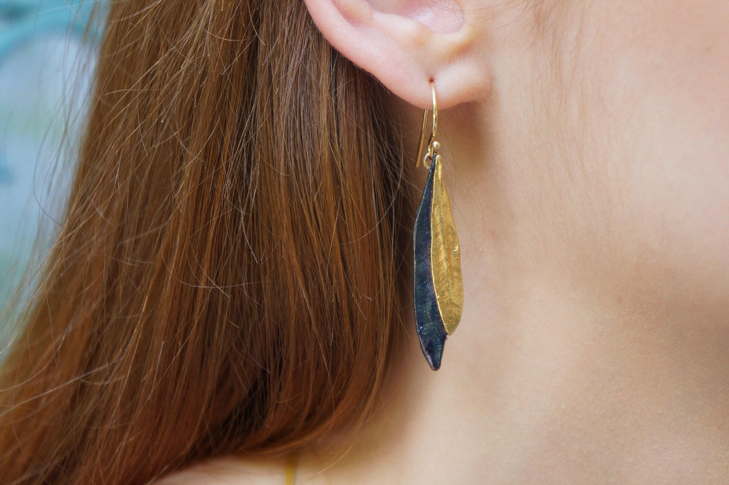 Olive Leaf Gold & Black Rhodium Dangle Earrings